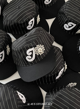 平顶复古立体刺绣鸭嘴帽女小众街头休闲条纹宽帽檐鸭舌帽男棒球帽