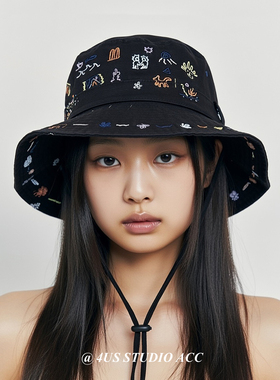 重工刺绣渔夫帽女2026春季新款防晒大檐盆帽户外露营遮阳帽显脸小