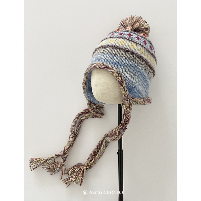 民族风条纹拼接复古针织雷锋帽