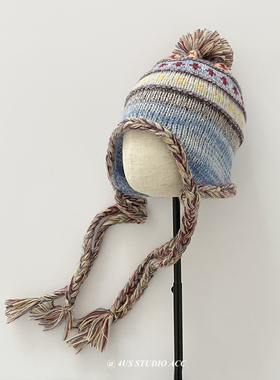 民族风条纹拼接复古针织毛线帽女长辨子冬季保暖护耳雷锋帽显脸小