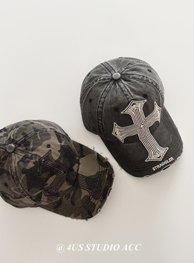 美式复古重工做旧棒球帽女个性百搭潮牌十字刺绣鸭舌帽子男显脸小