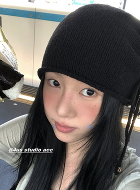 显脸小抽绳绑带针织帽子女秋冬季韩系保暖护耳包头毛线帽套头冷帽