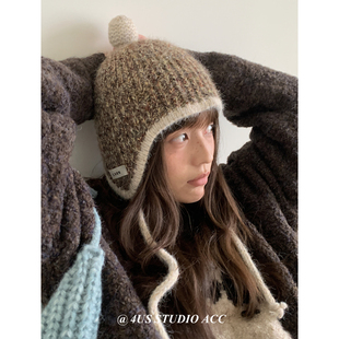 韩版俏皮可爱减龄撞色毛线帽女秋冬季护耳雷锋帽显脸小保暖针织帽