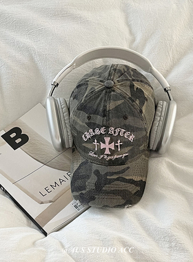 韩国小众复古做旧刺绣迷彩鸭舌帽女街头潮牌百搭软顶棒球帽显脸小