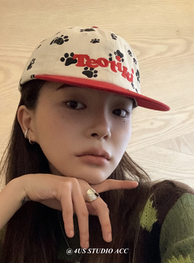 韩版可爱小狗脚印撞色棒球帽女软顶平檐刺绣字母遮阳鸭舌帽显脸小