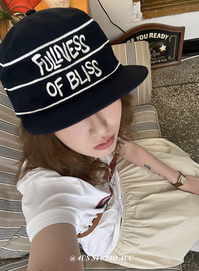 韩国小众设计师款棒球帽女海军蓝色条纹刺绣字母水手帽平檐鸭舌帽