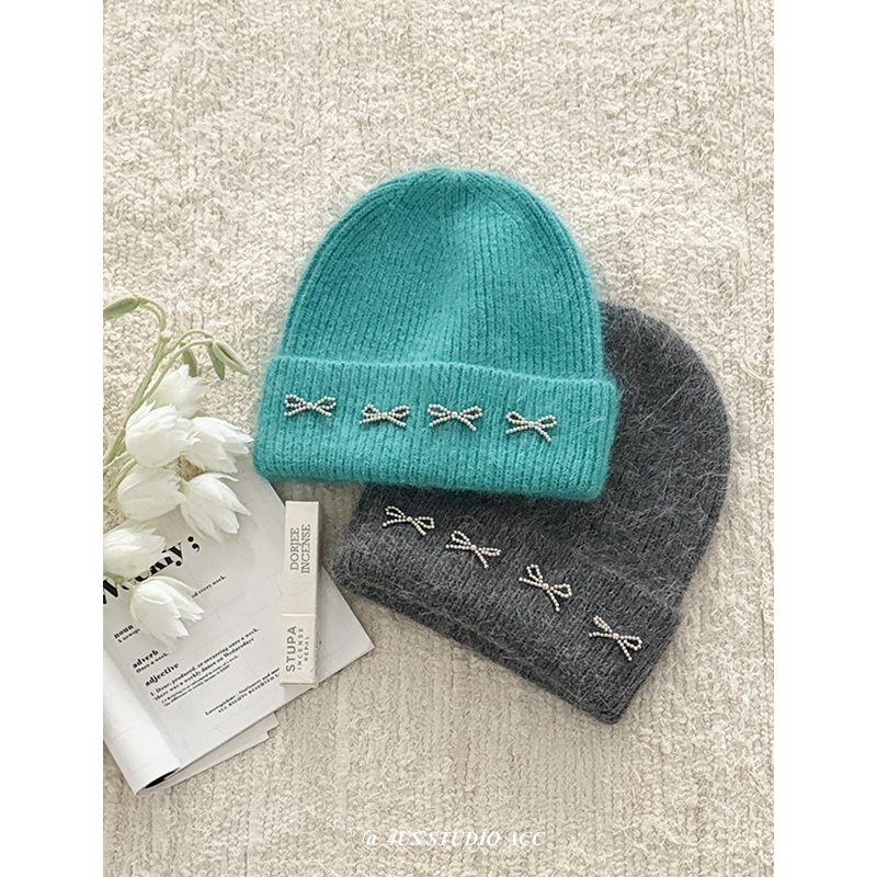 减龄可爱蝴蝶结兔毛针织毛线帽