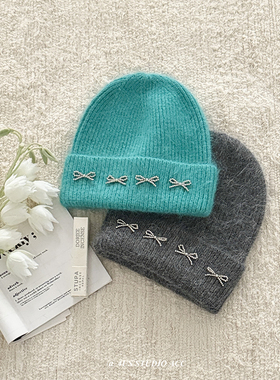 韩国ins博主同款兔毛混纺针织毛线帽子女可爱蝴蝶结冬季保暖冷帽