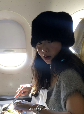 fever同款黑色仿皮草毛绒渔夫帽女冬季雪景出片防寒平顶帽蒙古帽