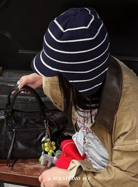 韩系小众护耳短檐条纹针织帽子女秋冬绑带凹造型包头雷锋帽男保暖