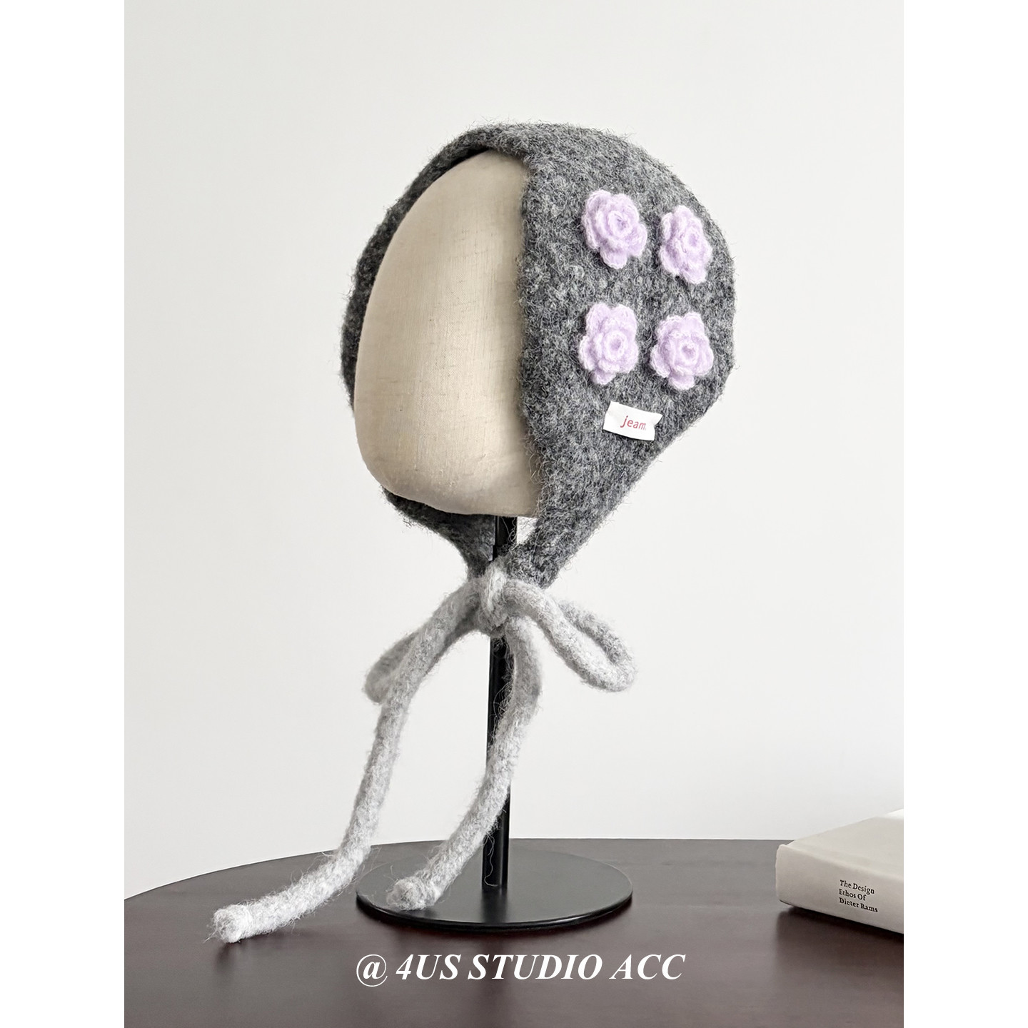 韩国设计师款针织花朵耳套女秋冬季系带可爱百搭防寒护耳保暖耳罩