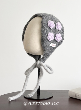 韩国设计师款针织花朵耳套女秋冬季系带可爱百搭防寒护耳保暖耳罩