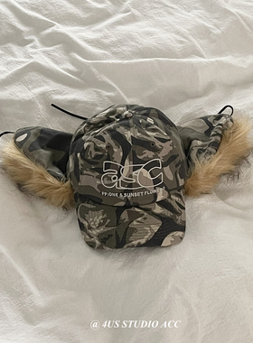 小众复古迷彩战术棒球帽女秋冬护耳毛绒雷锋帽街头潮牌刺绣鸭舌帽