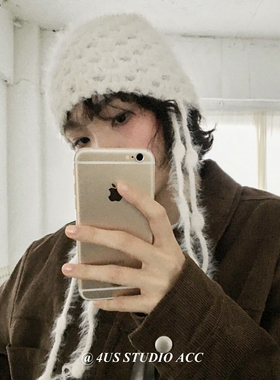 韩系氛围感手工钩织包头帽女秋冬设计感保暖针织冷帽显脸小毛线帽