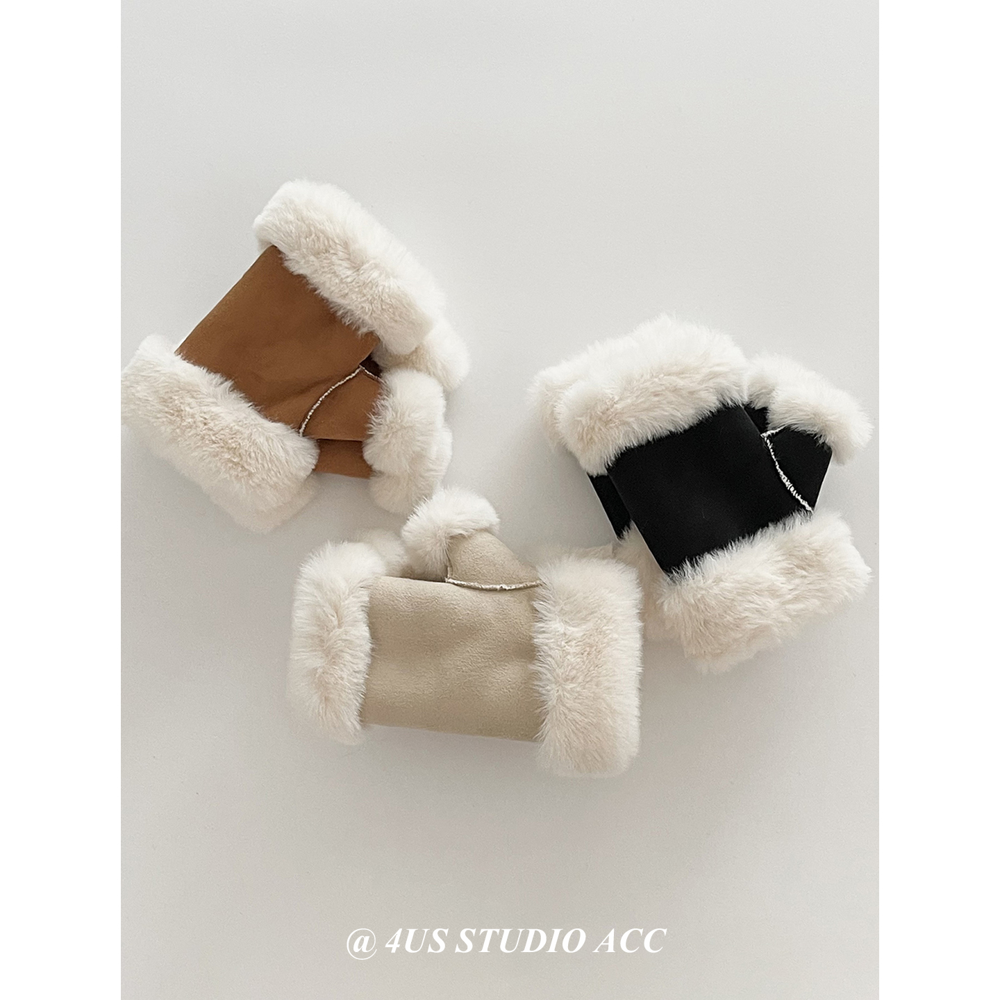 皮毛一体加绒加厚露指手套