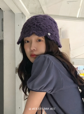 手工编织镂空针织帽子女春季新款复古套头帽毛线帽显脸小渔夫帽