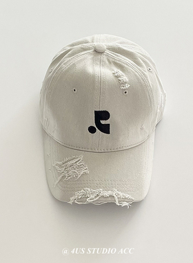 重工做旧破洞街头潮牌刺绣灰色棒球帽子女大头围遮阳鸭舌帽显脸小