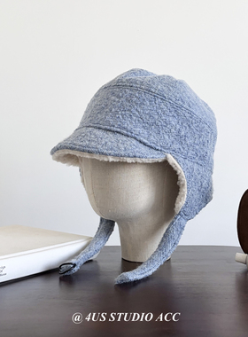 冬季氛围感显白冰川蓝色雷锋帽女可双面戴羊毛护耳飞行帽显脸小