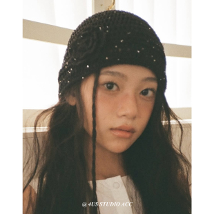 手工钩织黑色花朵毛线帽女街拍凹造型镂空针织帽子女堆堆帽冷帽潮