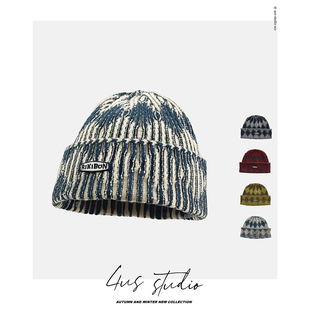 美式复古竖纹拼色针织帽子女街头潮牌冷帽保暖套头毛线帽男显脸小