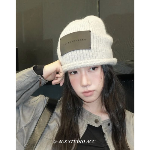小众设计款手缝皮标卷边针织冷帽