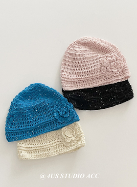 日系复古手工钩织冷帽女夏季透气氛围感亮片花朵镂空针织包头帽潮