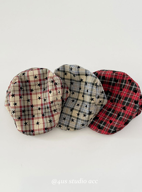 日系复古格纹前进帽女夏季英伦风大头围显脸小贝雷帽百搭画家帽子