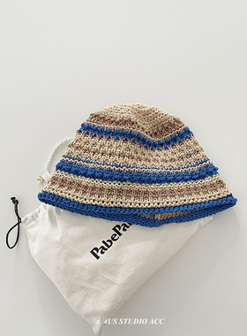 日系复古撞色条纹草编渔夫帽女夏季百搭显脸小遮阳水桶帽防晒帽子