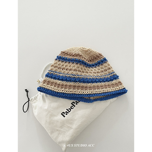 日系复古撞色条纹草编渔夫帽女夏季百搭显脸小遮阳水桶帽防晒帽子