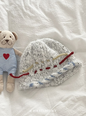 小众设计撞色缝线毛线帽女秋冬季手工钩织瓜皮帽显脸小针织冷帽潮