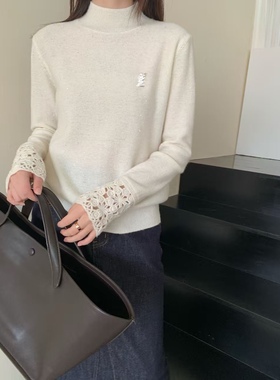 半高领亮丝羊毛打底衫重工袖口钩花毛衣女显瘦ys内搭小标针织衫l