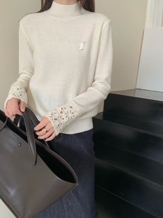 半高领亮丝羊毛打底衫重工袖口钩花毛衣女显瘦ys内搭小标针织衫l