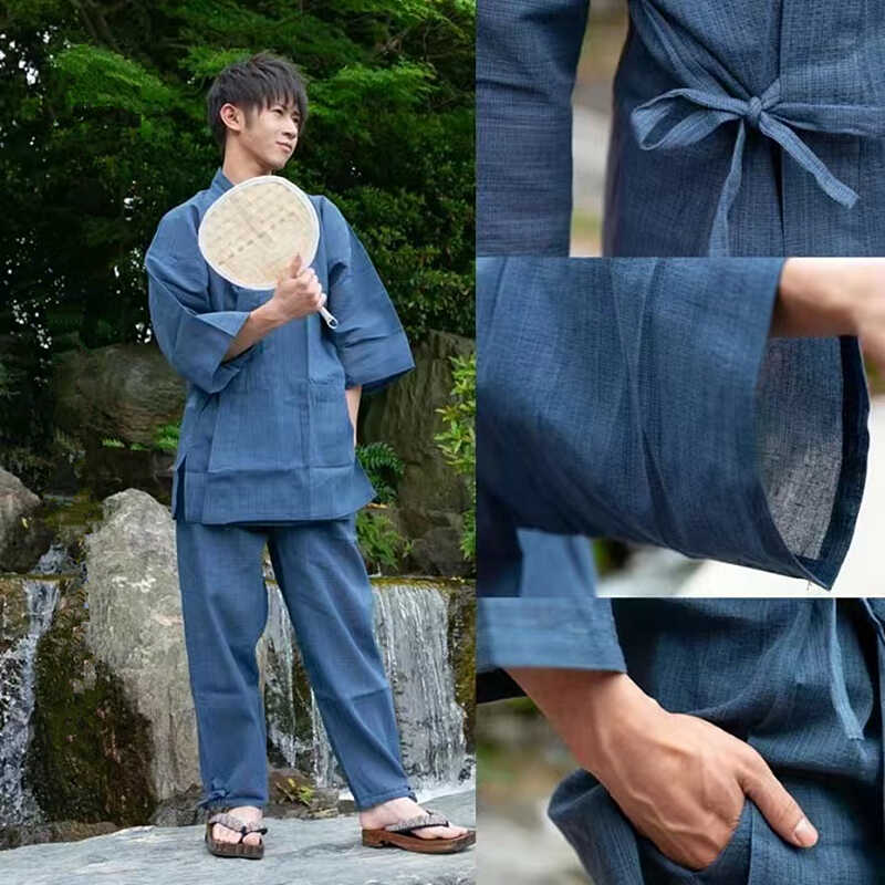 作务衣套装纯棉演出汉服男和服纯色复原款日本料理服装原单新包邮