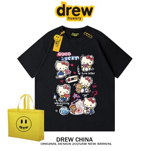 街头情侣宽松半袖 夏季 t恤男女同款 潮牌KT猫卡通印花短袖 drew美式