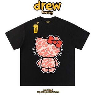 drew夏季 卡通动漫印花kit猫短袖 T恤男女同款 情侣可爱居家睡衣 美式