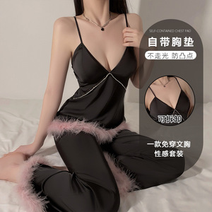 瑰若品牌内衣纯欲性感深V聚拢加胸垫吊带上衣长裤家居睡衣女套装