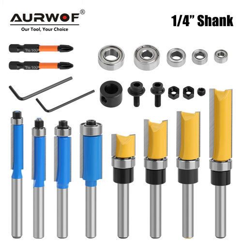 16件套1/4柄木工工具轴承直刀修边刀批头木工铣刀钨钢刀具配件