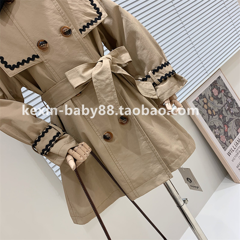 브랜드 아동복 2021 가을 여아 프렌치 스플라이싱 라펠 숄 스타일 더블 브레스트 레이스업 중간 길이 윈드 브레이커 재킷