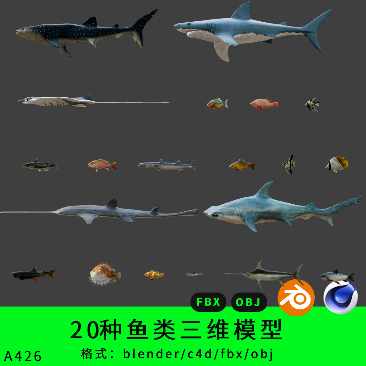 20种鱼三维模型3d素材blender/c4d/fbx海水鲨鱼神仙鱼鲳鱼obj鲇鱼