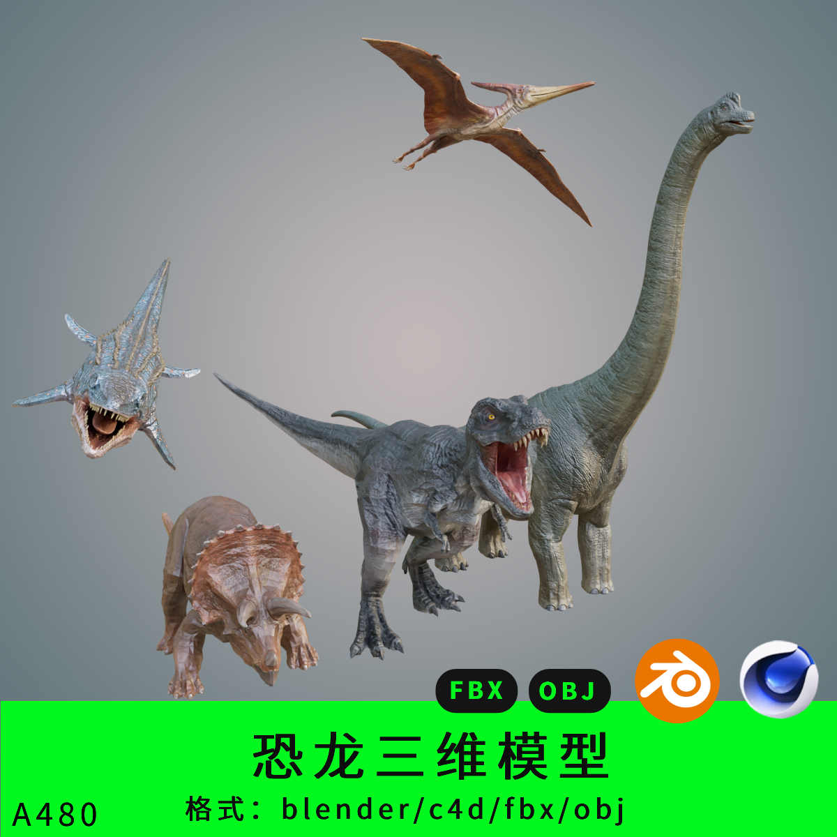 三维恐龙模型3dblender/c4d/fbx/obj牛角龙翼龙长颈龙霸王龙沧龙