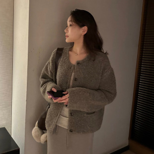 羊毛圆领毛衣外套简约宽松针织开衫 元 派bluepops2025冬新款