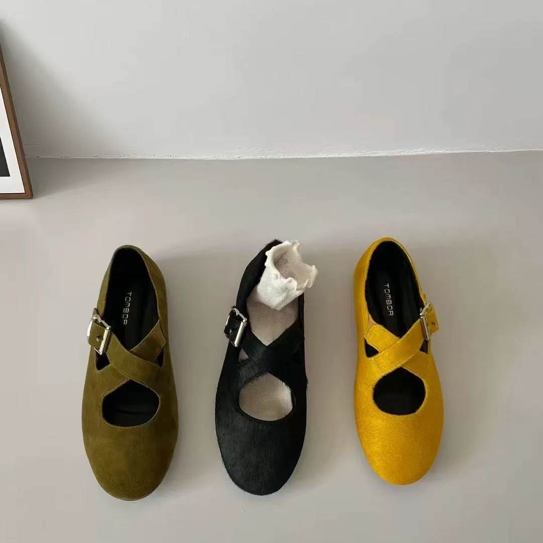 通宝2025年新款真皮交叉马毛芭蕾舞鞋女平底女单鞋软底软面圆头鞋