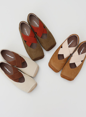 TOMBOR新2025年日系猪鼻子哑光牛皮方头交叉带软底芭蕾舞玛丽珍鞋