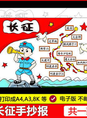 长征路线图传承红色基因革命精神童心向党绘画手抄报线稿小报素材