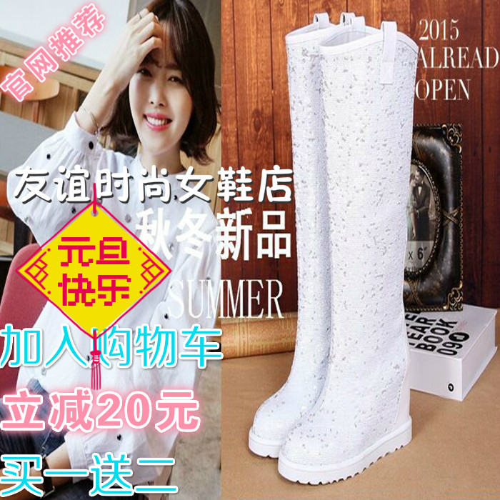 欧洲站春冬新品真皮高筒亮片白色女靴内增高银色雪地靴旅游棉鞋女
