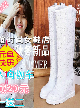 欧洲站春冬新品真皮高筒亮片白色女靴内增高银色雪地靴旅游棉鞋女