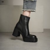 方头粗跟短靴瘦瘦靴冬 玮保 靴女 高跟防水台短筒时装 头层皮 真皮