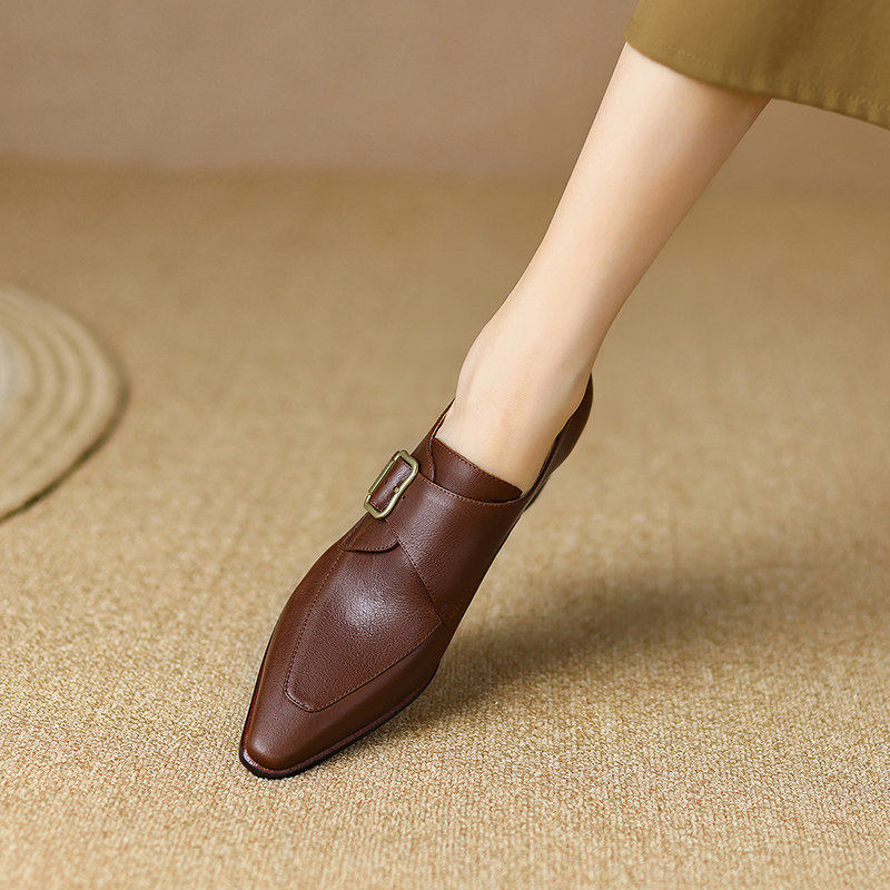 真皮粗跟深口单鞋尖头中跟女士单皮鞋秋季复古高跟鞋女鞋牛皮带扣,女鞋,深口单鞋,淘宝优惠券,粉丝福利购,淘宝优惠卷