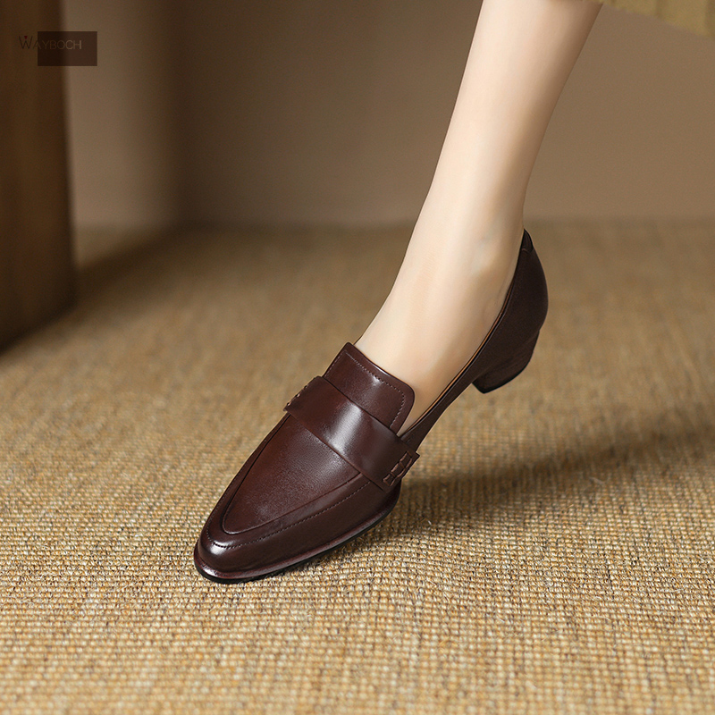 真皮尖头粗跟深口单鞋秋季小皮鞋