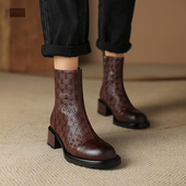头层牛皮圆头中跟粗跟短靴压花时装 女士皮靴短筒真皮靴欧美 靴冬季